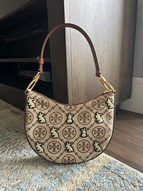 Tory Burch Monogram Embroidered Rabbit Crescent Bag